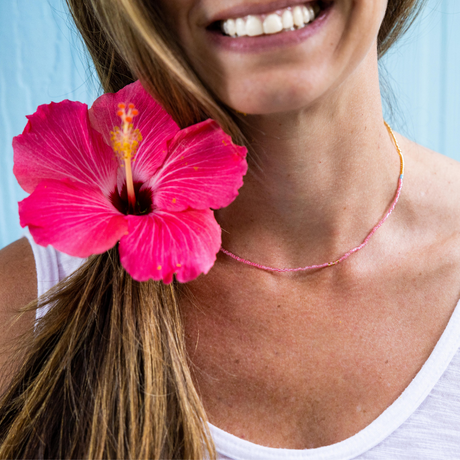 Pink Day at the Beach w/ Sparkle Gold Necklace