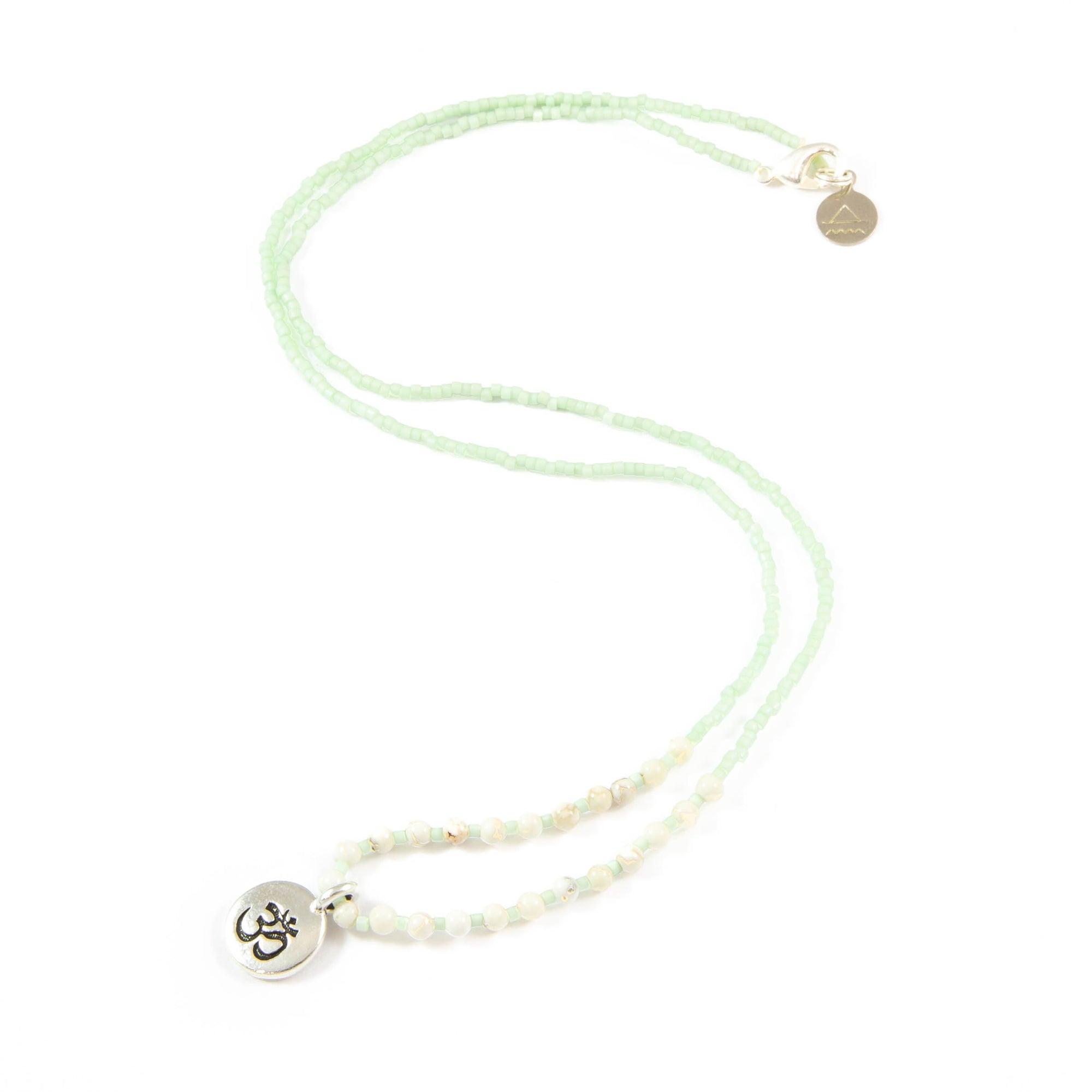 Soft Mint w/ White Turquoise Stone Om Charm Necklace in Silver