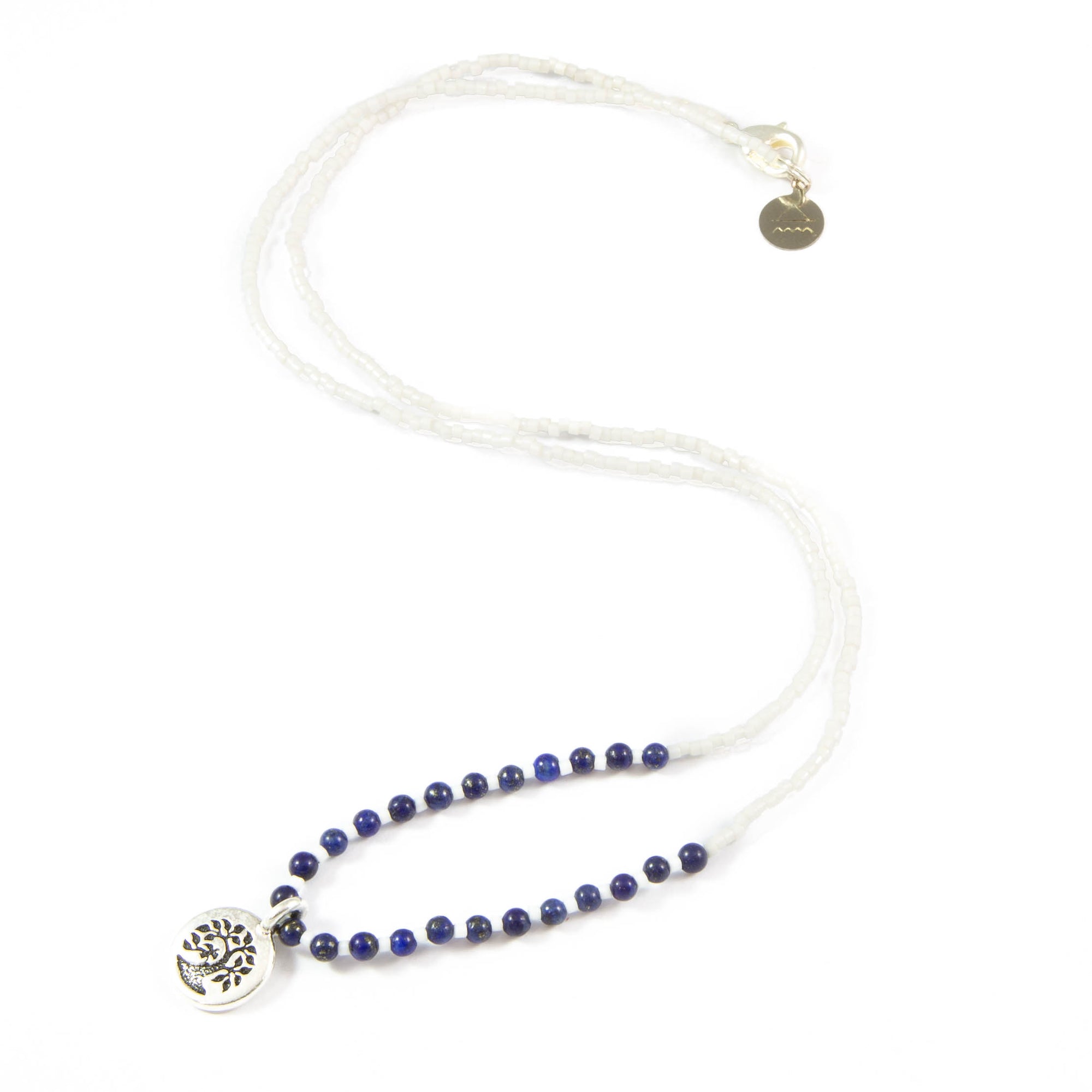 White  w/ Blue Lapis Stone Tree Charm Necklace in Silver