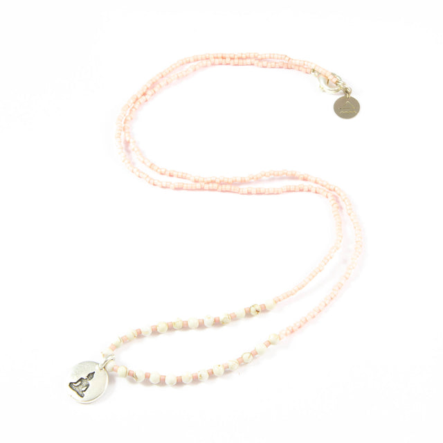 Coral  w/ White Turquoise Stone Buddha Charm Necklace in Silver