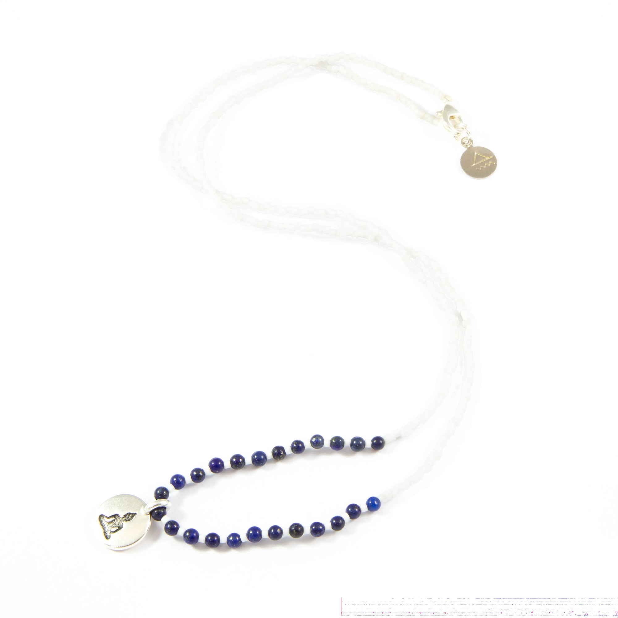 White w/ Blue Lapis Stone Buddha Charm Necklace in Silver