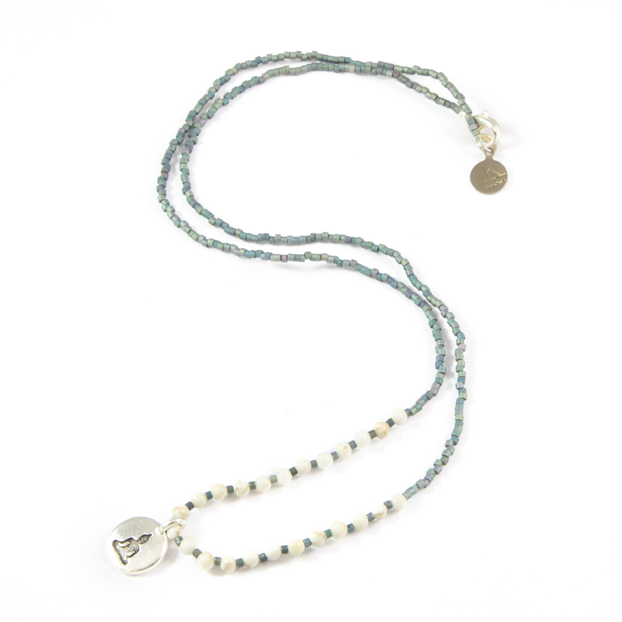 Denim w/ White Turquoise Stone Buddha Charm Necklace in Silver