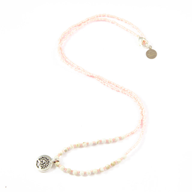 Coral  w/ White Turquoise Stone Tree Charm Necklace in Silver