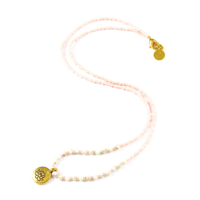 Coral w/ White Turquoise Stone Lotus Charm Necklace