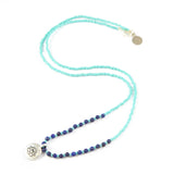 Teal w/ Blue Lapis Stone Lotus Charm Necklace in Silver