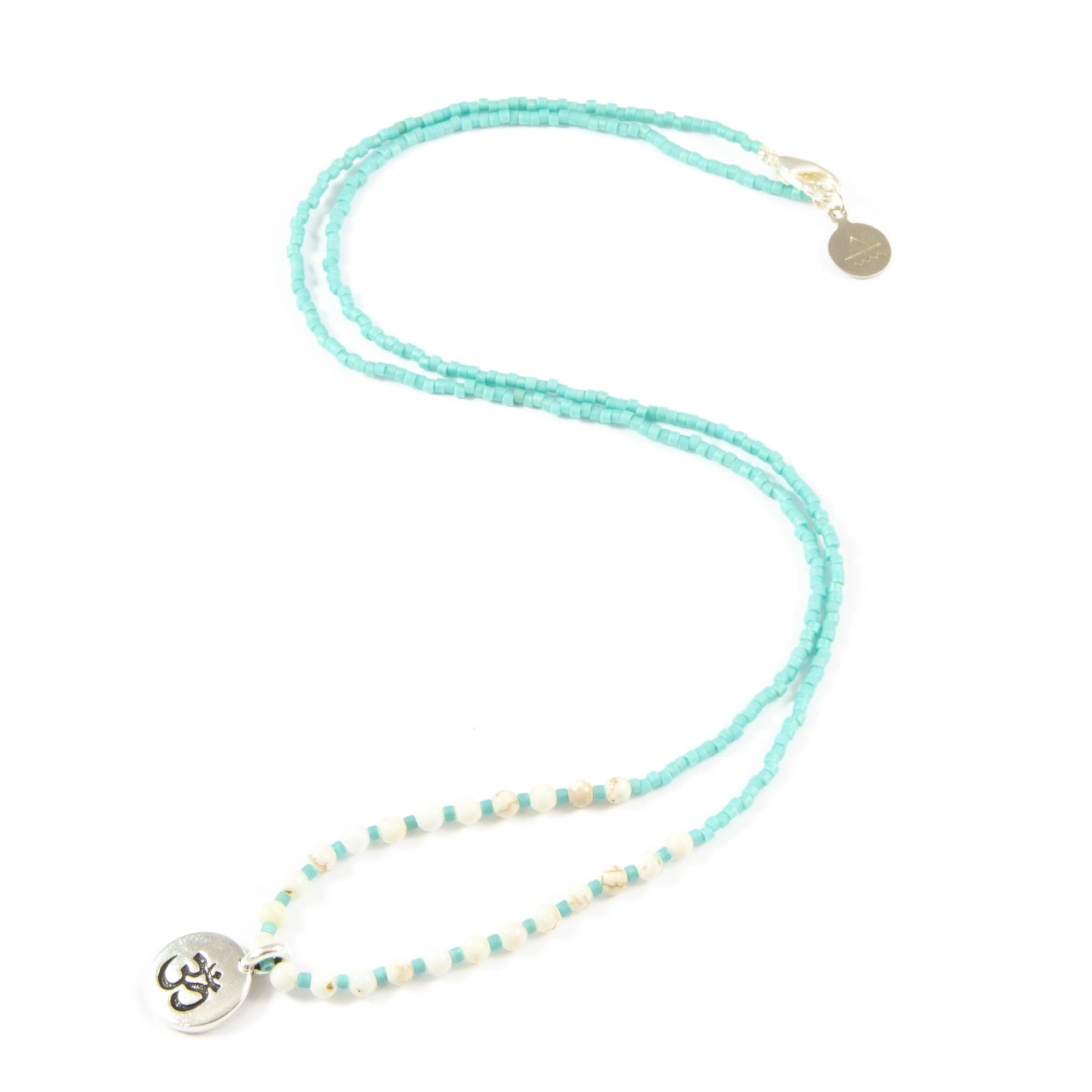 Teal w/ White Turquoise Stone Om Charm Necklace in Silver