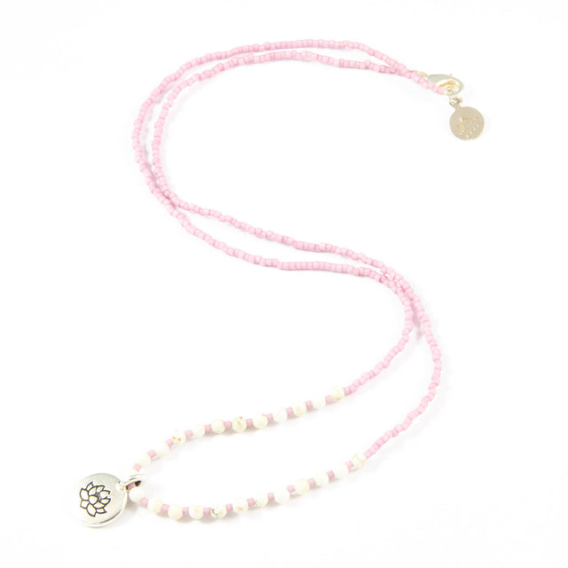 Plum w/ White Turquoise Stone Lotus Charm Necklace in Silver