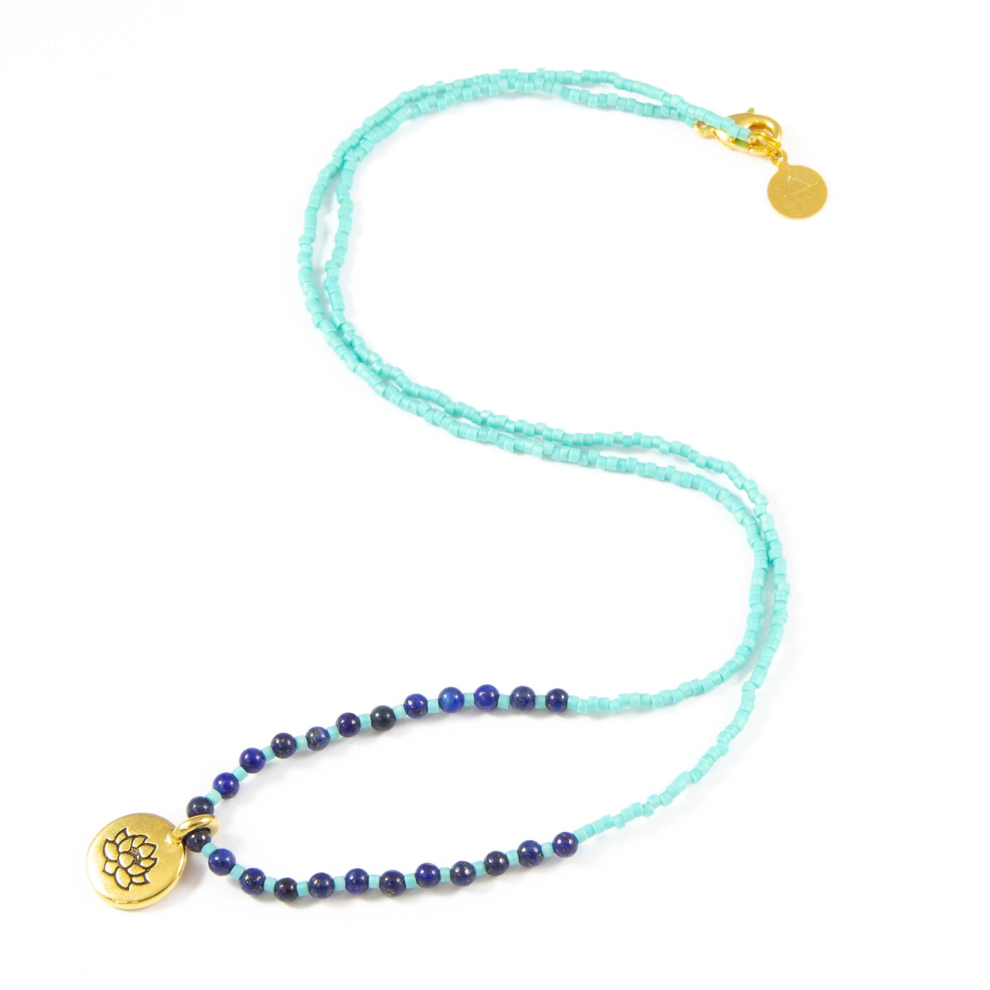 Teal w/ Blue Lapis Stone Lotus Charm Necklace