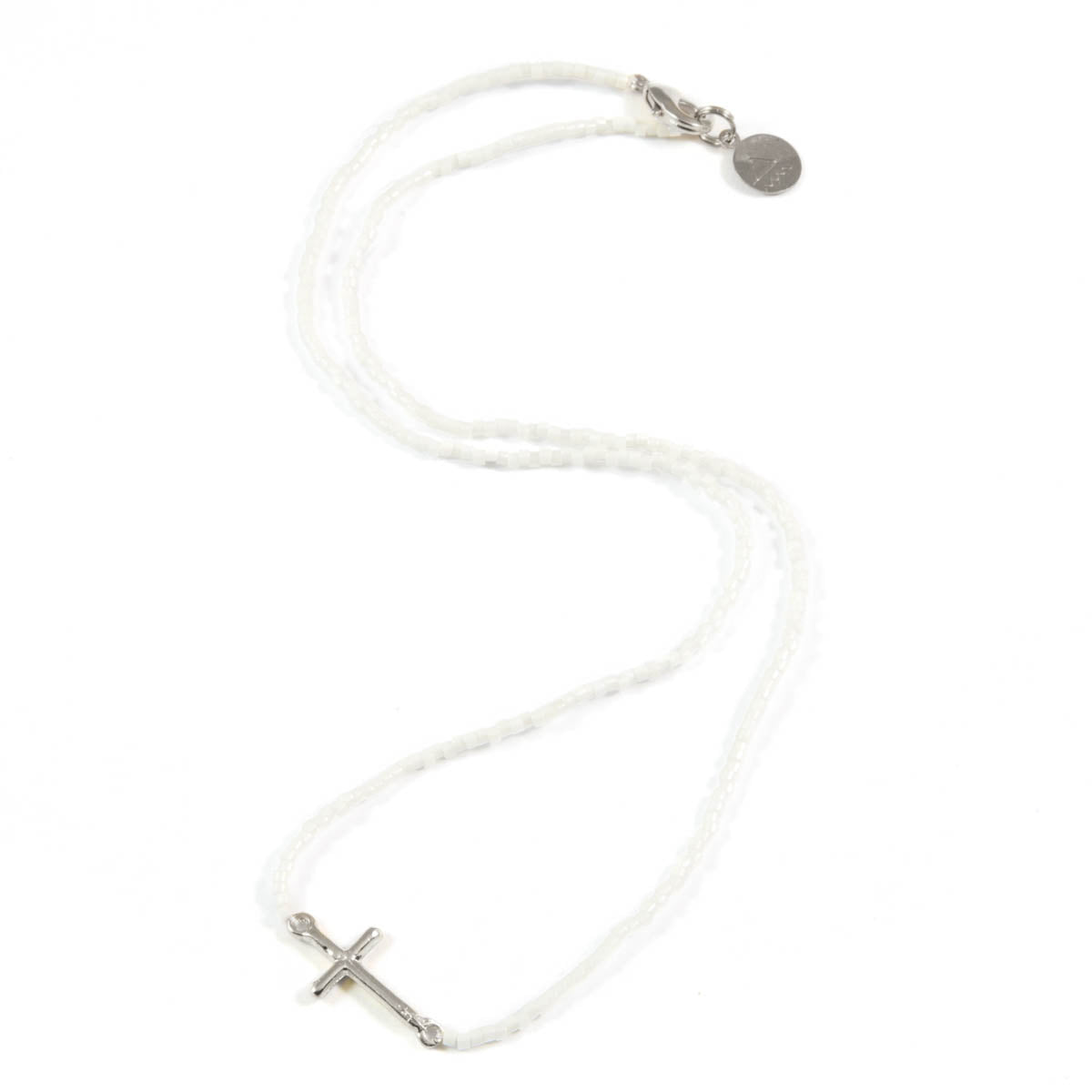 White Cross Tiny Charm Necklace in Silver