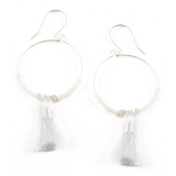 White Hoop Tassel Earrings in Silver