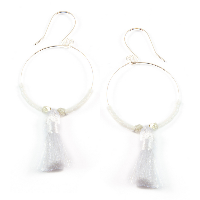 White Hoop Tassel Earrings in Silver