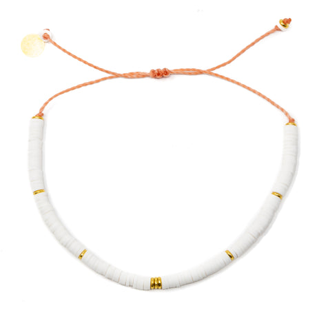 White & Gold Heishi Bead Anklet on White