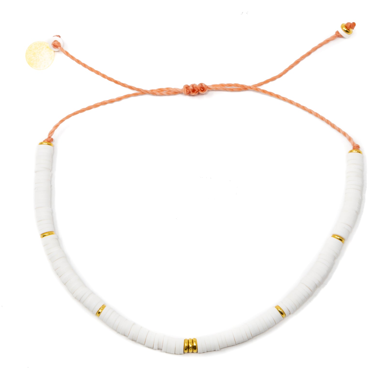 White & Gold Heishi Bead Anklet on White
