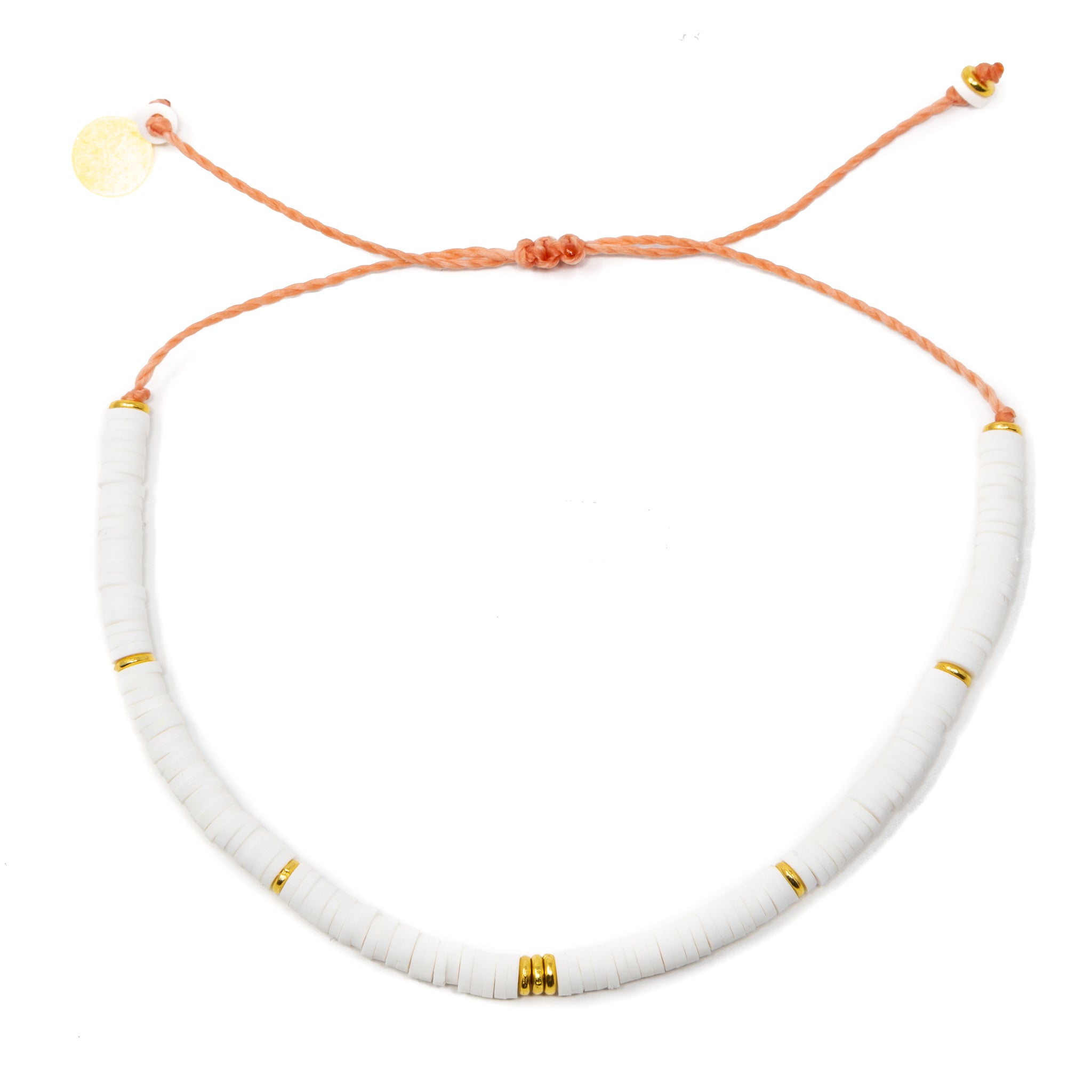 White & Gold Heishi Bead Anklet on White
